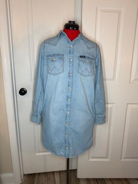 Wrangler Retro Long Sleeve Snap Denim Shirt Dress Light Wash Women XS Pockets